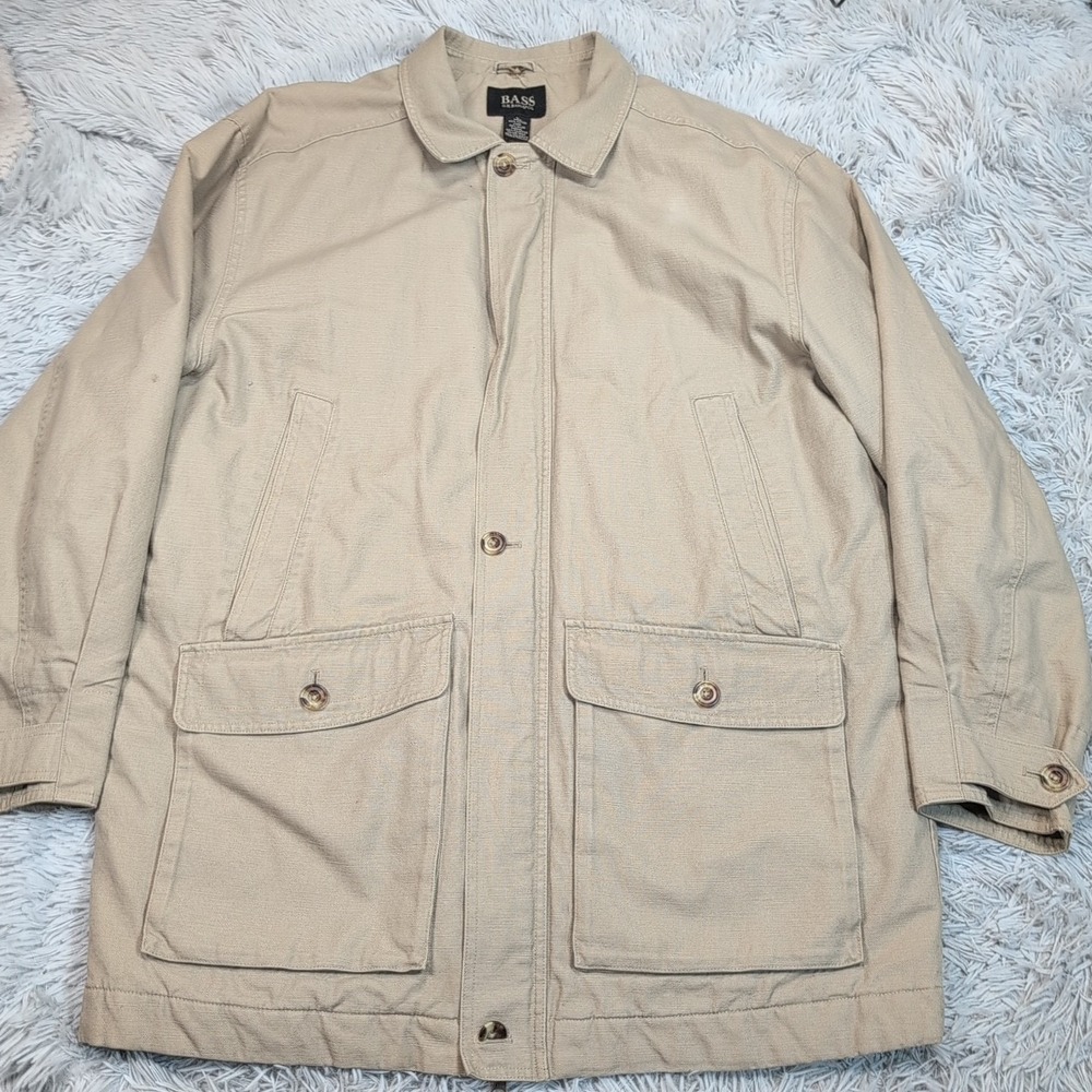 G.H. Bass Jacket Mens L Biege Trench Coat Canvas Pockets Zip Up Casual Insulated